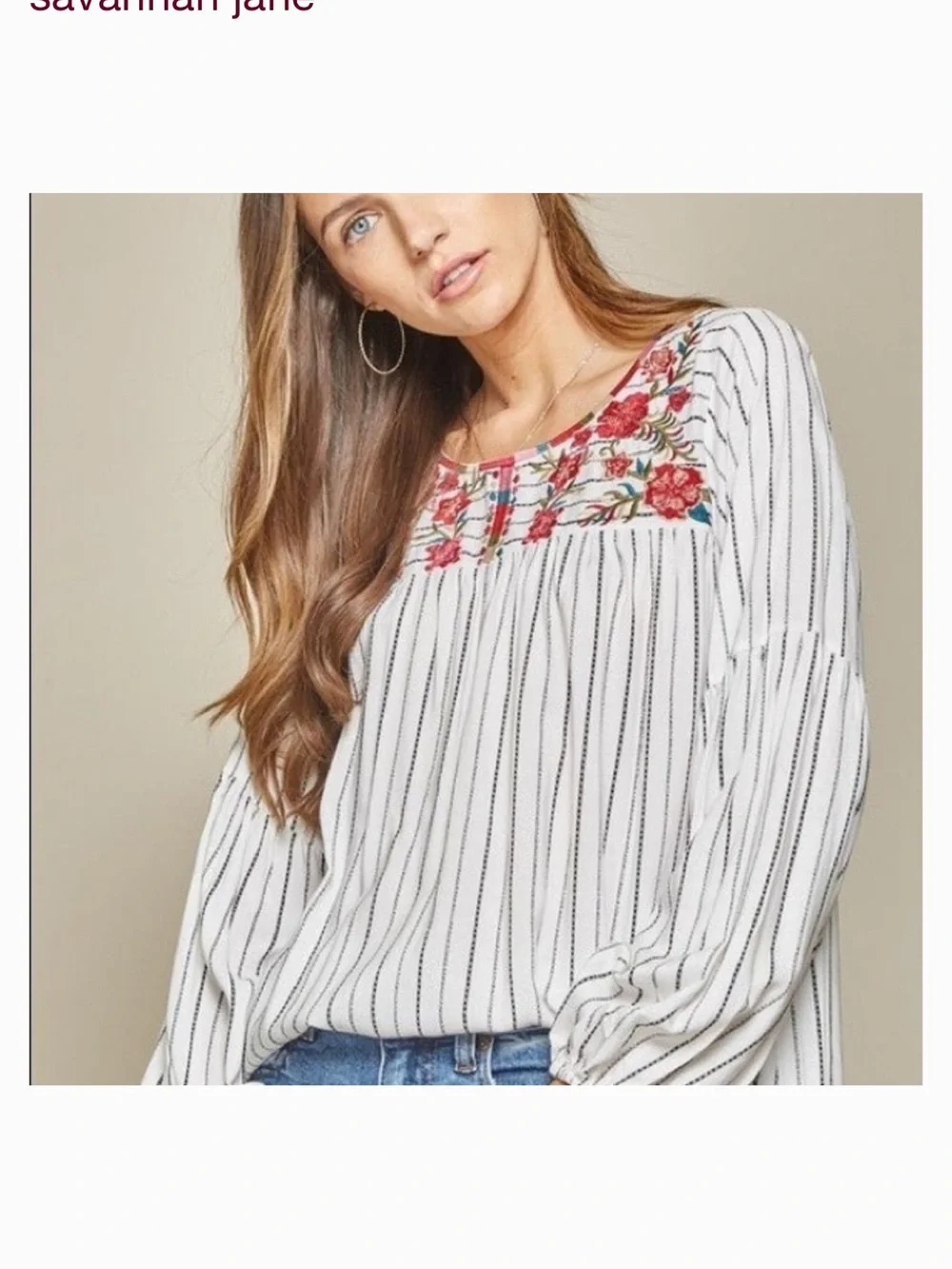 Striped White Peasant Top Embroidered Floral Yoke - White, Med - Picture 2 of 11